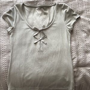 American Eagle Outfitters Sage Green Ribbed Top with Front Bows